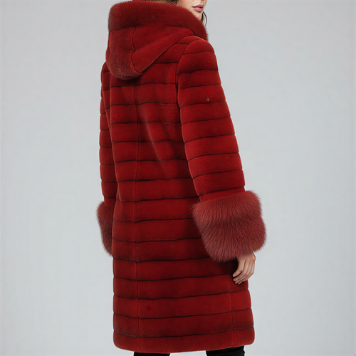 Christmas Luxury Red Faux Fur Hooded Overcoat | Black Knit Trim Winter Coat for Women - 90sleather