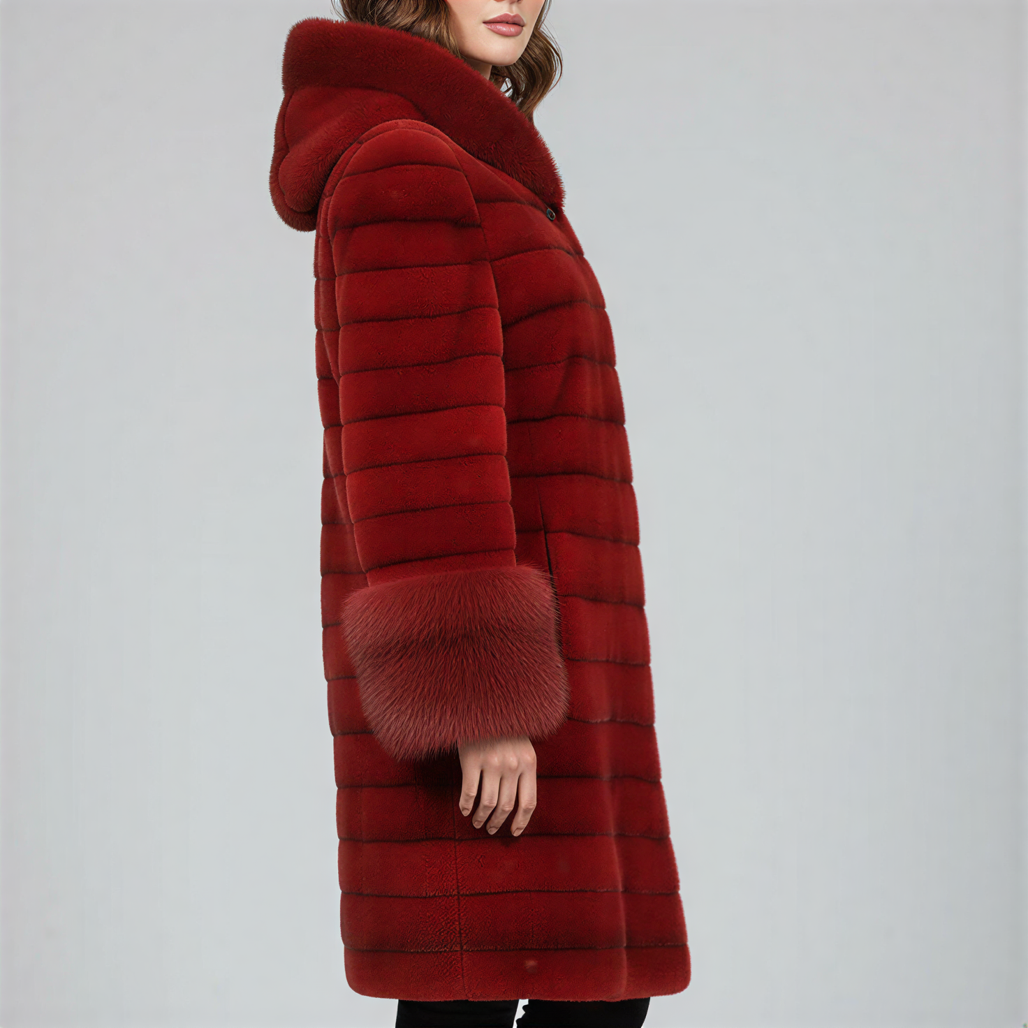Christmas Luxury Red Faux Fur Hooded Overcoat | Black Knit Trim Winter Coat for Women - 90sleather