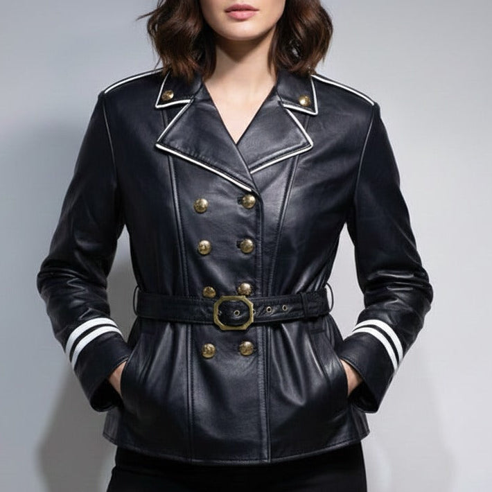 Women's Vintage Style Leather Jacket, Navy Military Black Leather Jacket, Formal Jacket White Stripes - 90sleather