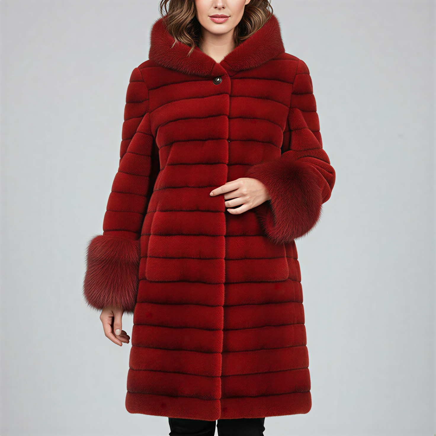 Christmas Luxury Red Faux Fur Hooded Overcoat | Black Knit Trim Winter Coat for Women - 90sleather